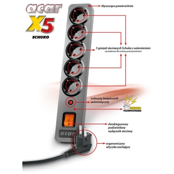 Listwa przeciwprzepięciowa Acar X5 Schuko 3,0m czarna