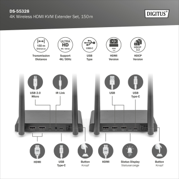 Przedłużacz/Extender DIGITUS KVM HDMI+USB bezprzewodowy 150m UHD 4K60Hz (zestaw)